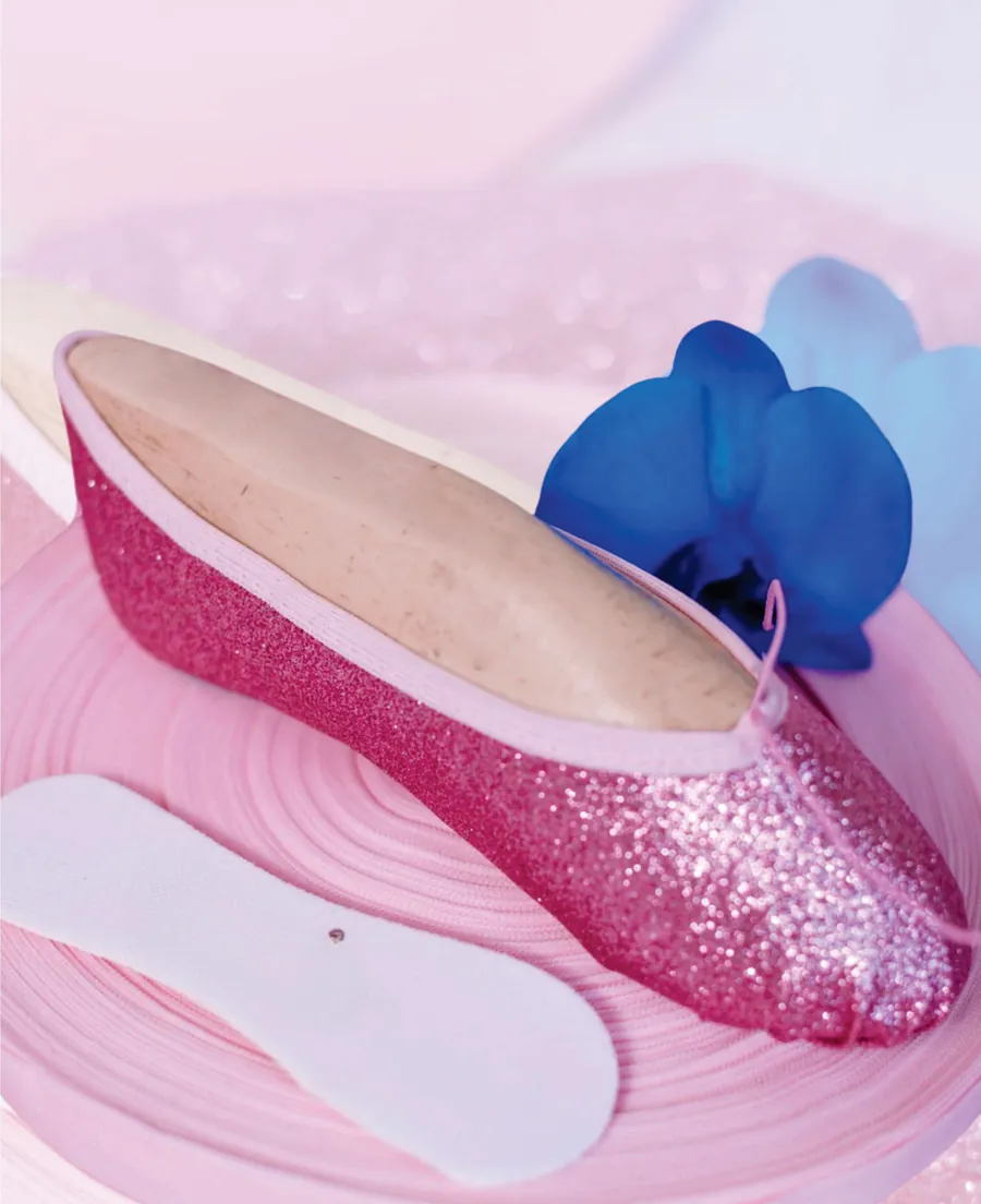 Sapatilha de balé rosa toda coberta de glitter, ao lado de uma orquídea azul.
